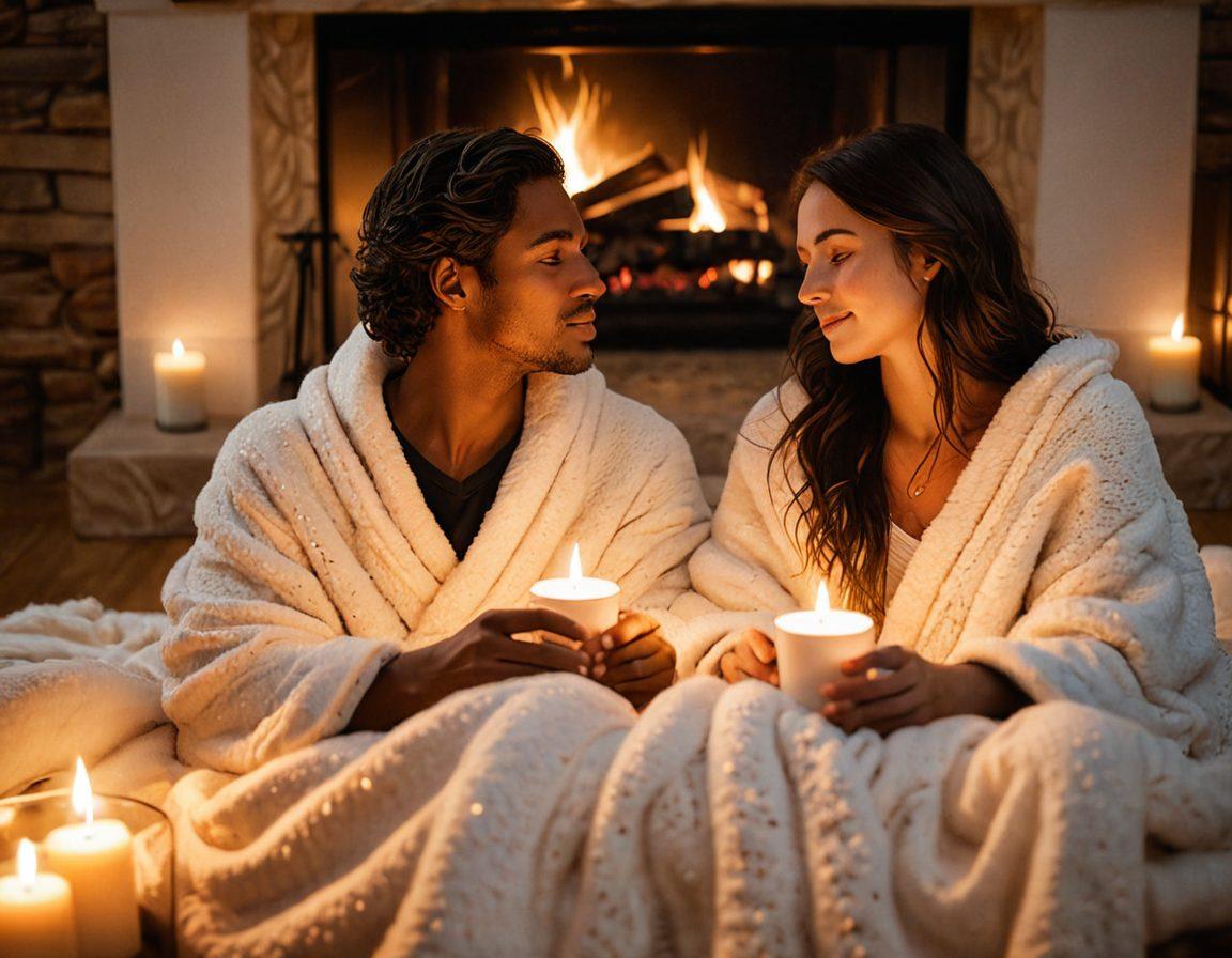 A warm and intimate scene of a couple sitting together by a cozy fire, gazing into each other's eyes. The background features soft, glowing lights and gently floating heart shapes, symbolizing love and connection. The couple's expressions convey deep affection and joy, surrounded by elements like a blanket and warm beverages. The overall tone is romantic and inviting, invoking feelings of warmth and togetherness. super-realistic. warm colors. soft focus.