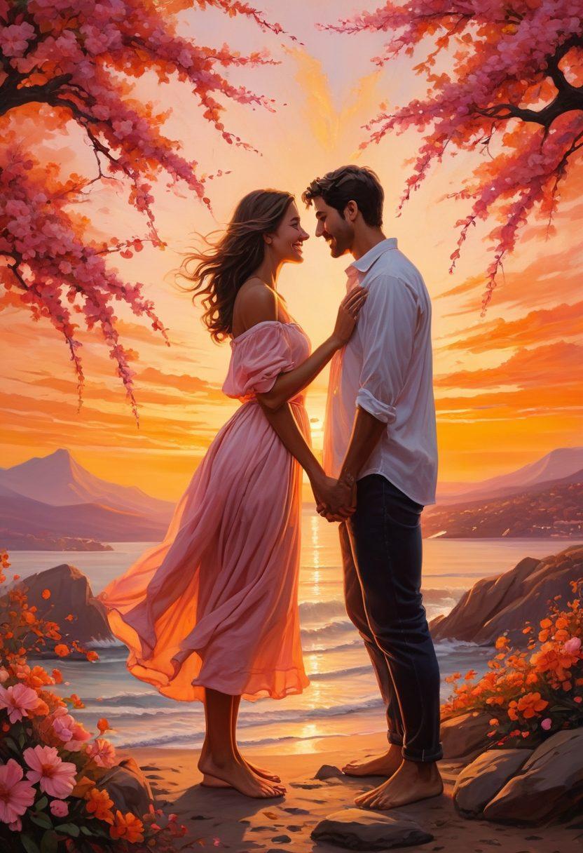A romantic scene depicting a couple in various stages of affection, transitioning from playful flirting to deep devotion. Include elements like intertwined hands, shared laughter, and gazes filled with longing, set against a beautiful sunset backdrop. Soft petals falling around them, symbolizing the journey of love and growth. warm colors to evoke emotion. painting.